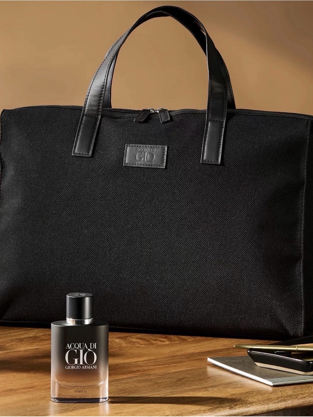 Giorgio Armani Black Canvas Travel Tote with Leather Handles
